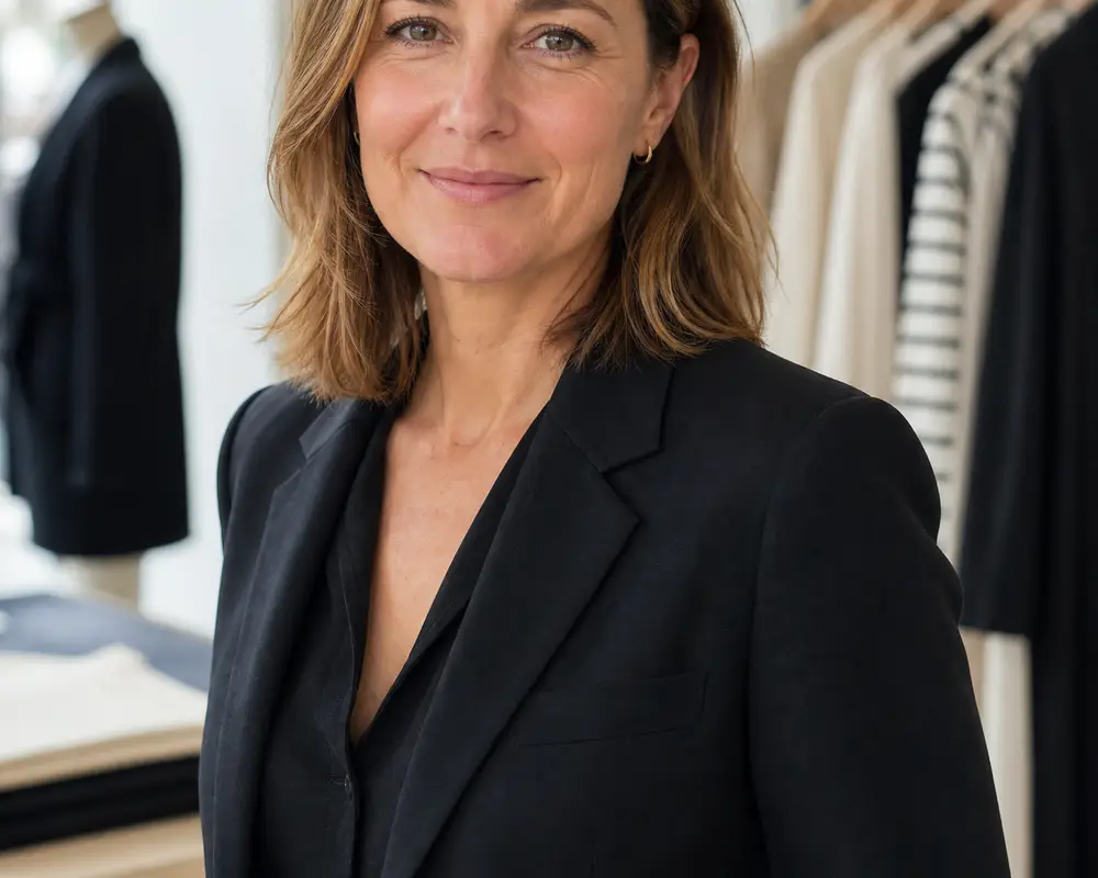 Katrin Vosberg, Gr&uuml;nderin von Erdwell, im dunklen Blazer im Showroom